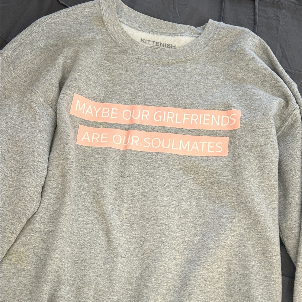 Kittenish Heather Gray Pullover with Soft Pink Message